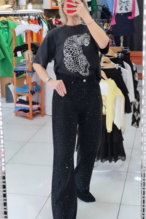 BAGGY SİYAH SERPME TAŞLI JEANS